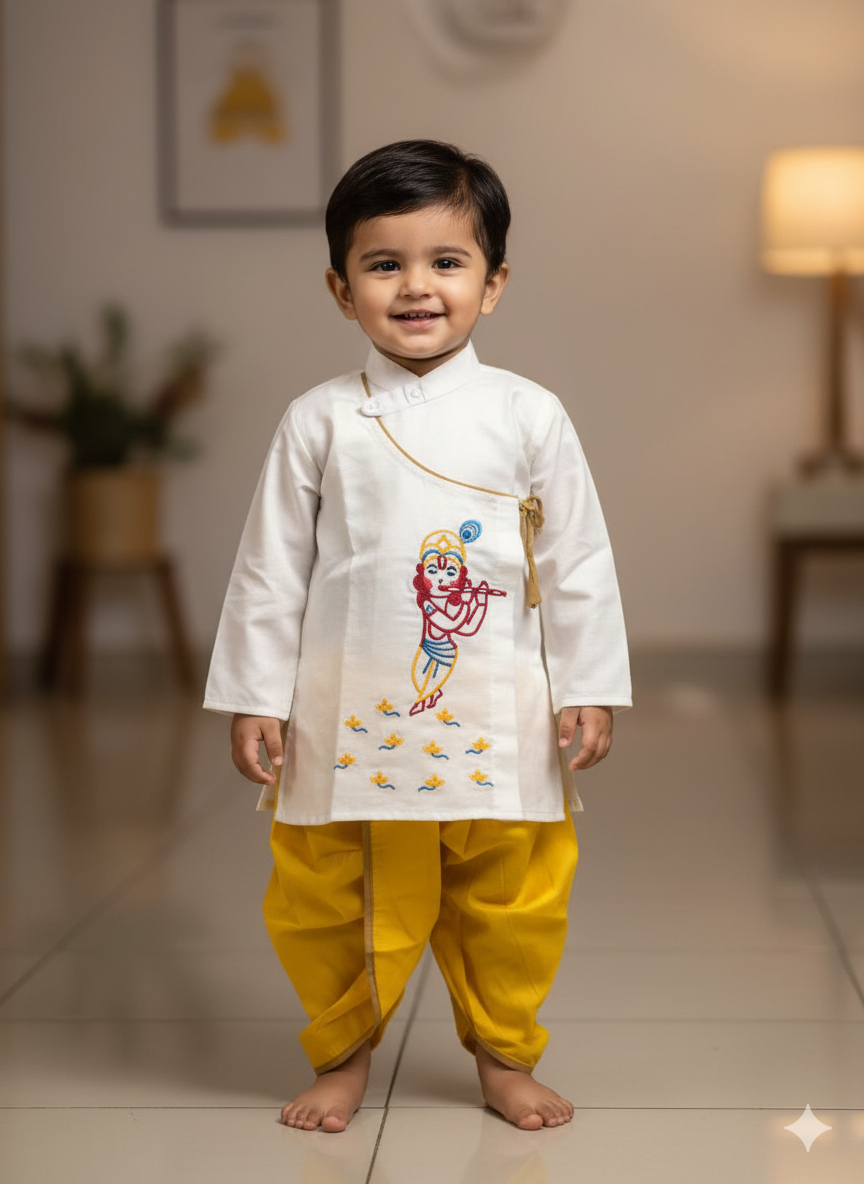 Krisno White Panjabi & Yellow Dhoti Set - ১ ০ ০ % সুতি কাপড় ( স্ল্যাব কটন )