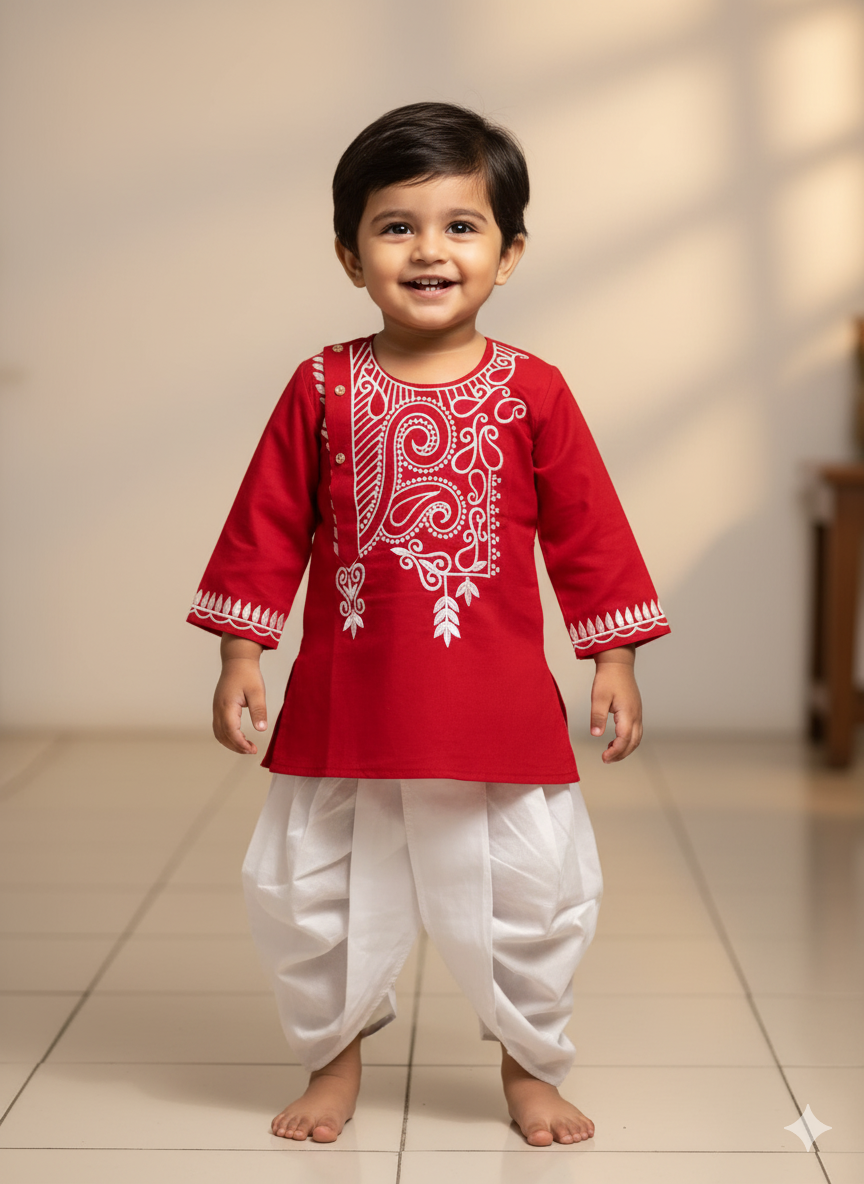 Kids Red Panjabi & White Dhoti Set – ১ ০ ০ % সুতি কাপড় ( স্ল্যাব কটন )