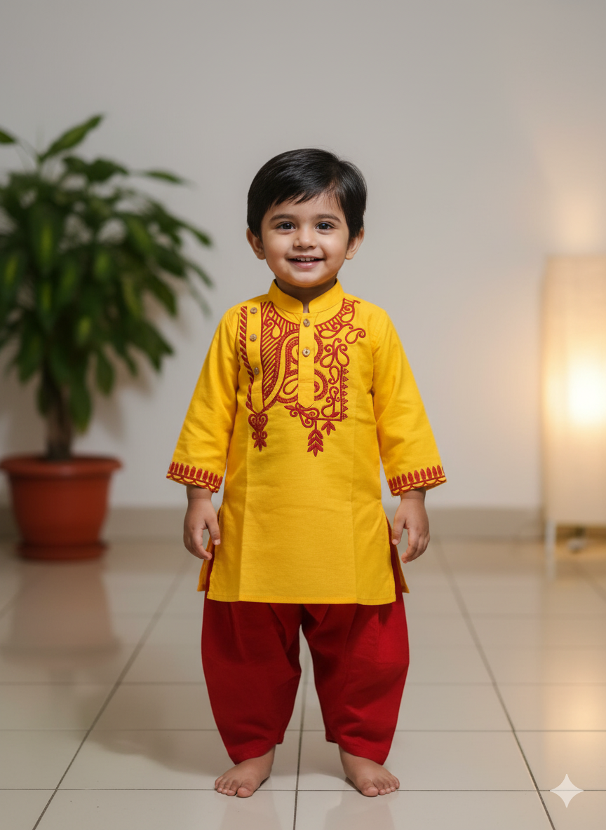 Yellow Panjabi & Red Dhoti Set – ১ ০ ০ % সুতি কাপড় ( স্ল্যাব কটন )