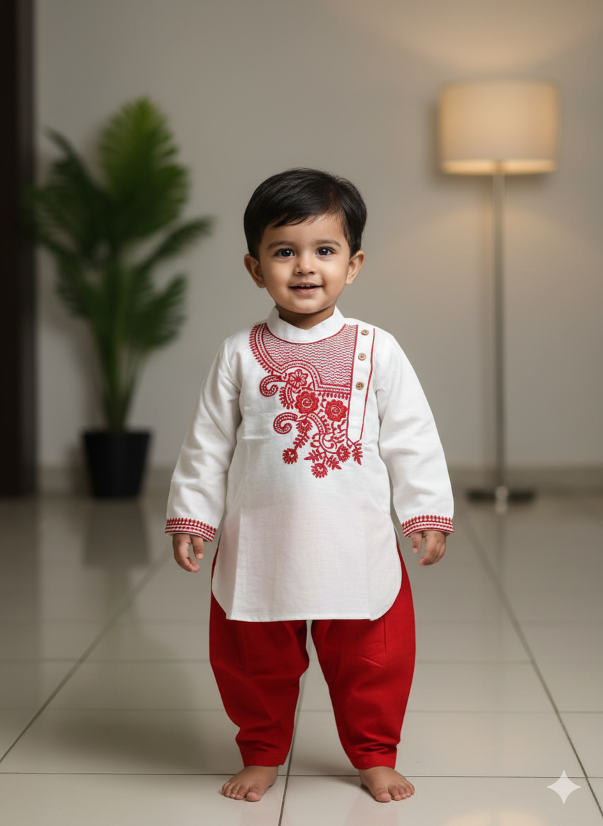 Kids White Panjabi & Red Dhoti Set – ১ ০ ০ % সুতি কাপড় ( স্ল্যাব কটন )