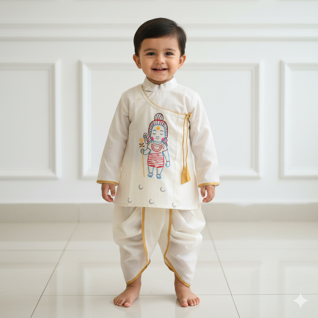 Kids Shib Off-White panjabi & Off-White Dhuti - ১ ০ ০ % সুতি কাপড় ( স্ল্যাব কটন )