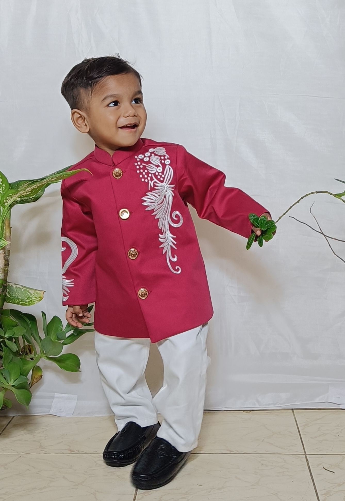 Marun Prince coat & White Pant Set