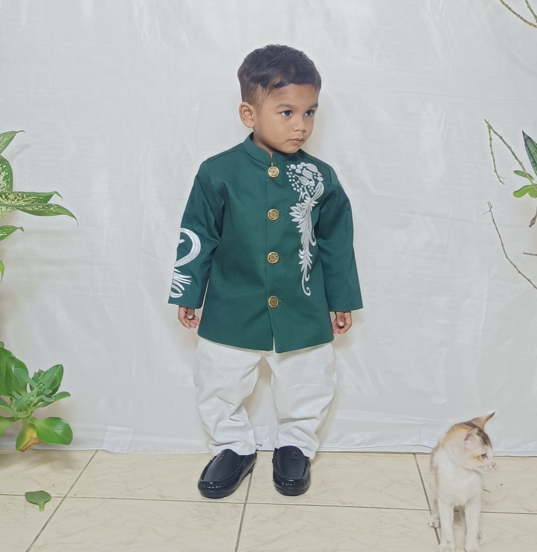 Green Prince coat & White Pant Set