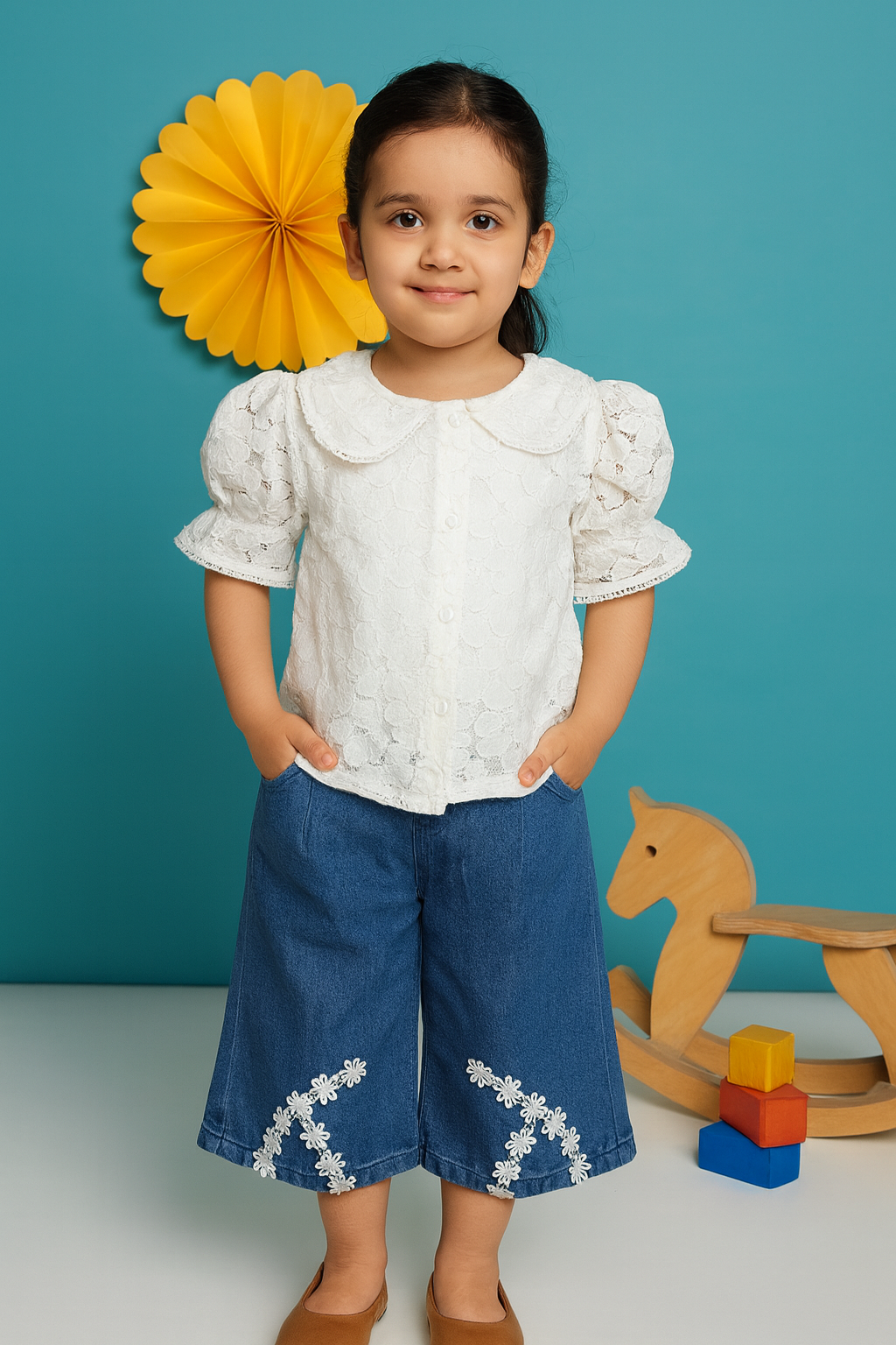 সাদা নেট কাপড় & জিন্স প্যান্ট সেট ( ডাবল পার্ট সহ )