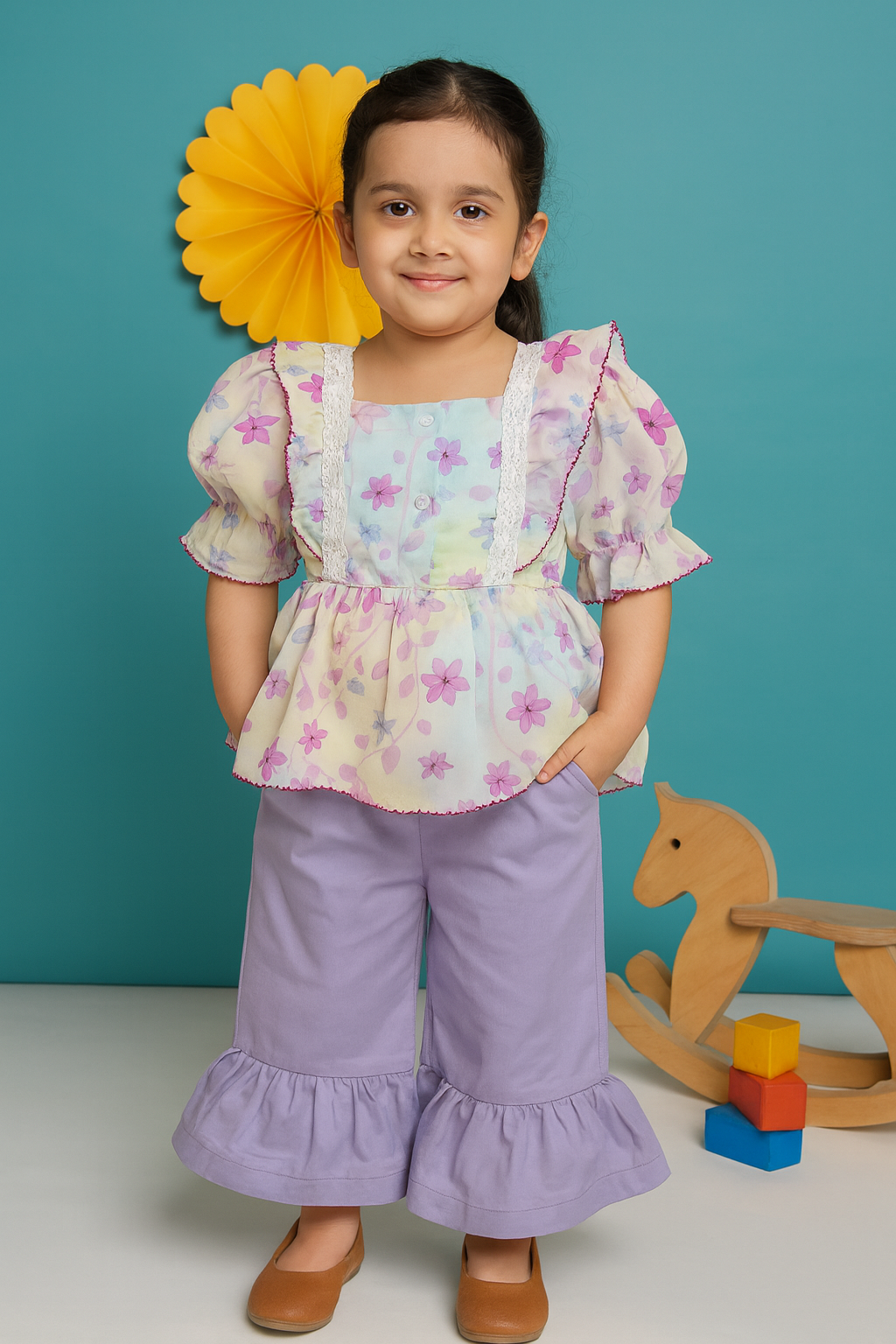 প্রিন্ট ফ্রক এবং জিন্স শাহারা প্যান্ট সেট ( পিকোটিং সহ )