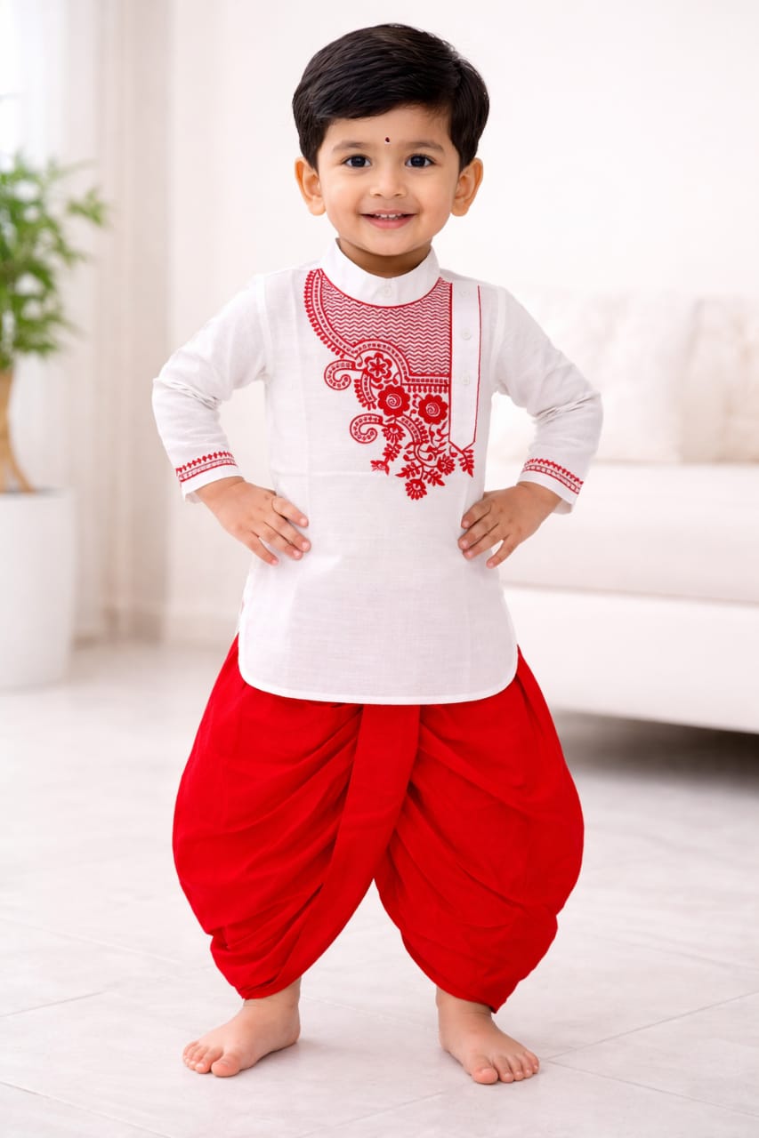 Kids White Panjabi & Red Dhoti Set – ১ ০ ০ % সুতি কাপড় ( স্ল্যাব কটন )