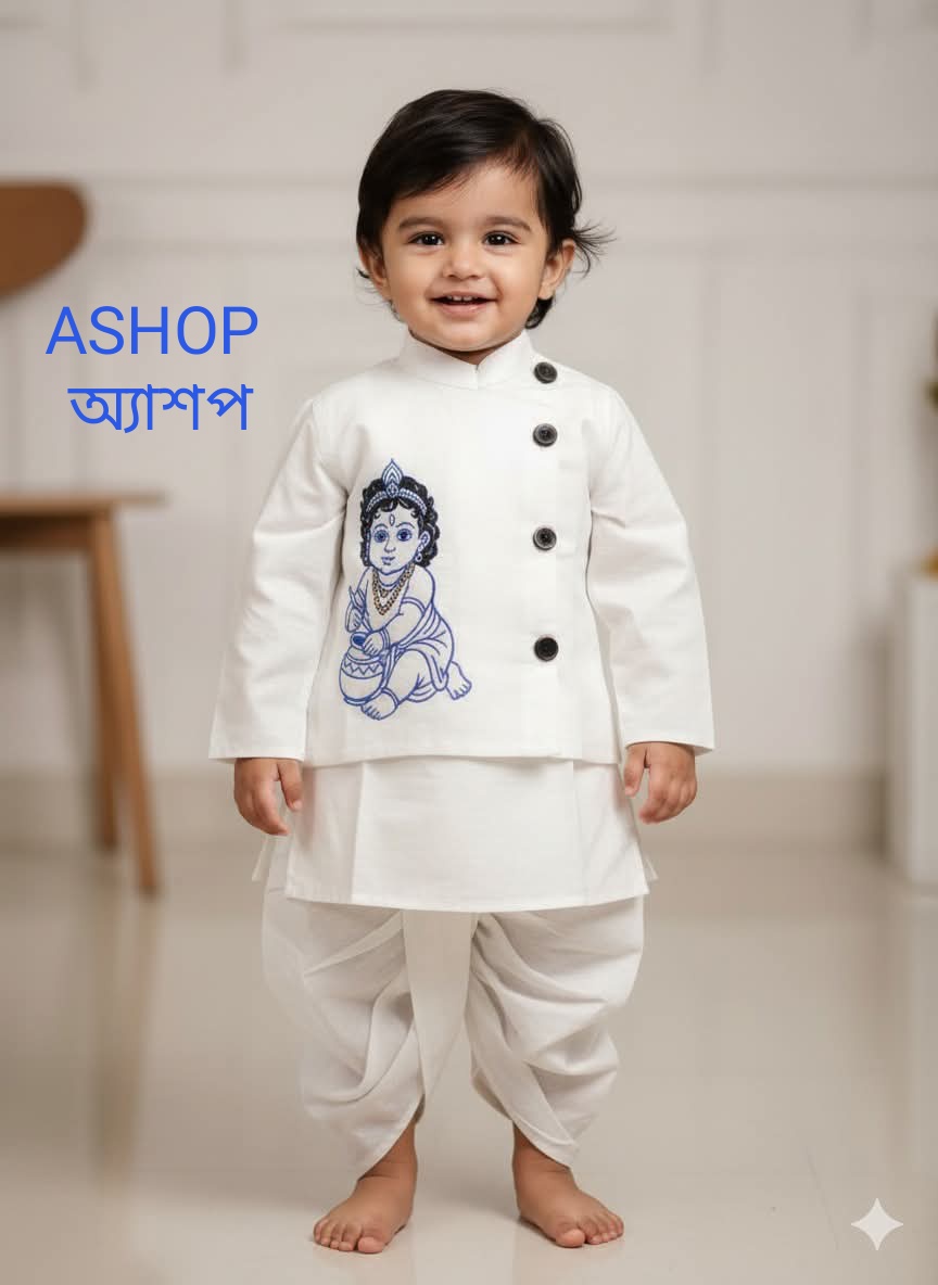 Kids Kisno White Koti & White Panjabi Dhuti- ১ ০ ০ % সুতি কাপড় ( স্ল্যাব কটন )