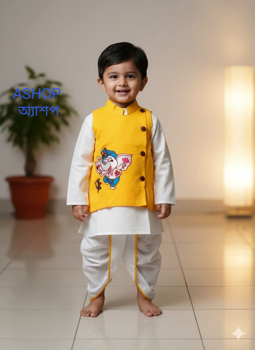 Yellow Gonesh Koti White Panjabi Dhoti - ১ ০ ০ % সুতি কাপড় ( স্ল্যাব কটন )