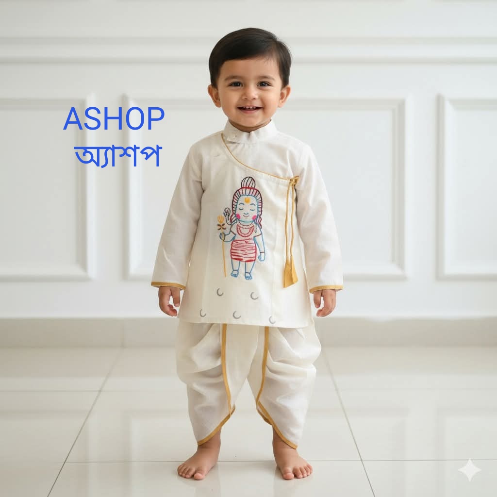 Kids Shib Off-White panjabi & Off-White Dhuti - ১ ০ ০ % সুতি কাপড় ( স্ল্যাব কটন )