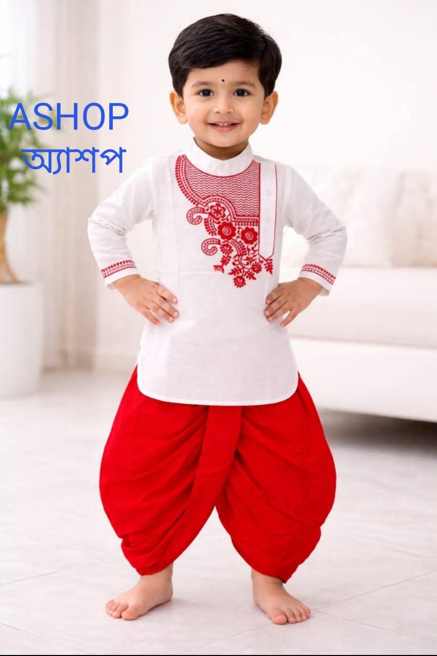 Kids White Panjabi & Red Dhoti Set – ১ ০ ০ % সুতি কাপড় ( স্ল্যাব কটন )