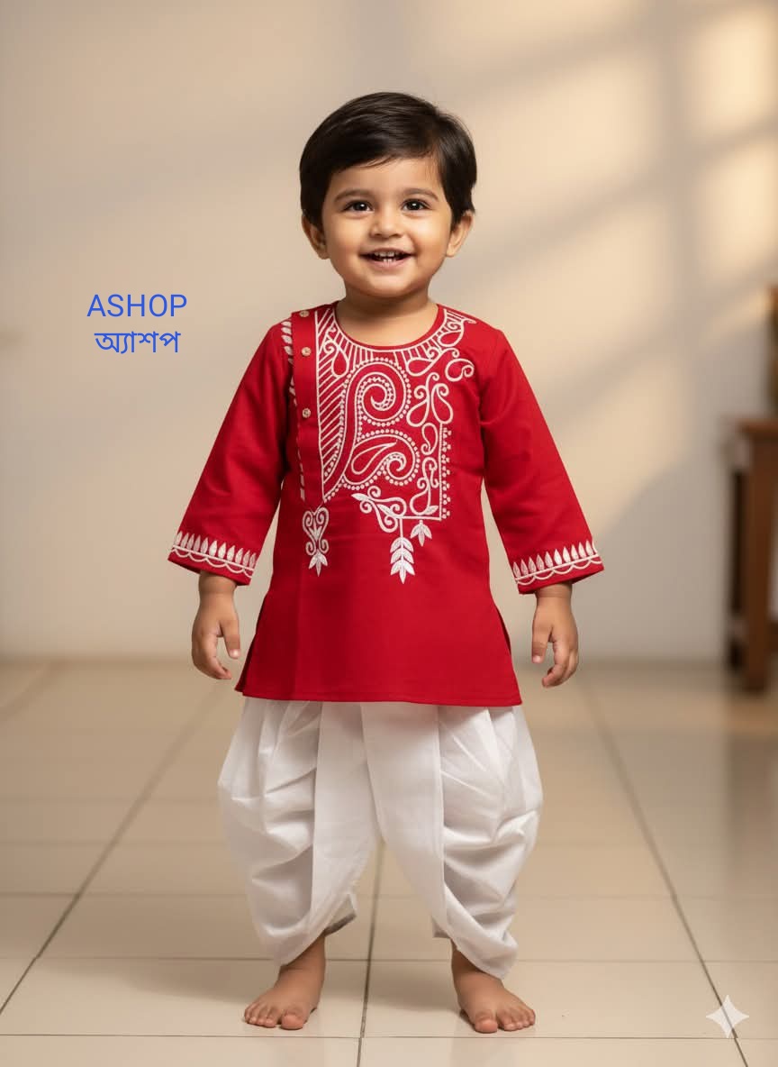 Kids Red Panjabi & White Dhoti Set – ১ ০ ০ % সুতি কাপড় ( স্ল্যাব কটন )