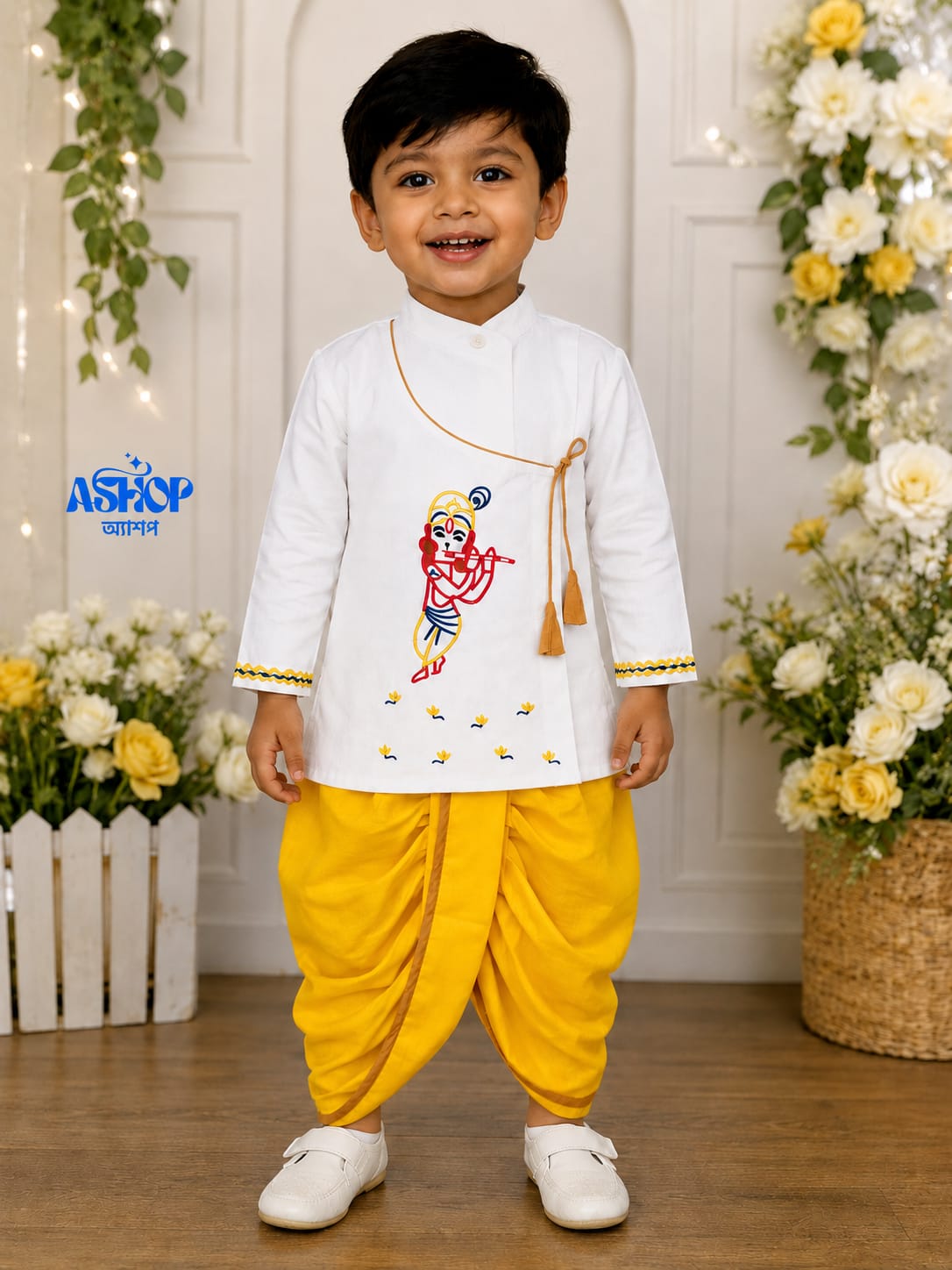 Kids Krishno White Panjabi & Yellow  Dhoti Set – ১ ০ ০ % সুতি কাপড় ( স্ল্যাব কটন )