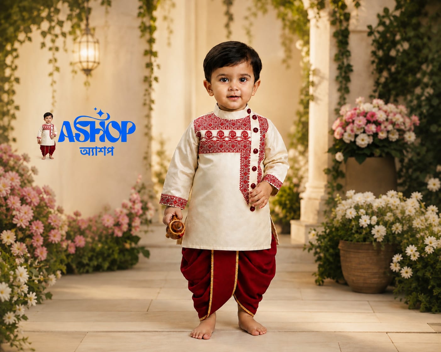Kids, Rajkumar Biscuit Beige Panjabi & Maroon .Dhoti Set – ১ ০ ০ % সুতি কাপড় ( স্ল্যাব কটন )