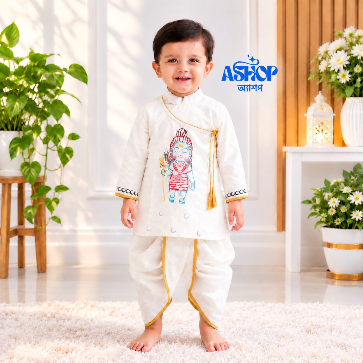 Kids Shib Off-White panjabi & Off-White Dhuti - ১ ০ ০ % সুতি কাপড় ( স্ল্যাব কটন )