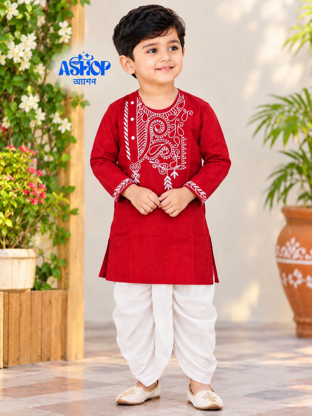 Kids Red Panjabi & White Dhoti Set – ১ ০ ০ % সুতি কাপড় ( স্ল্যাব কটন )