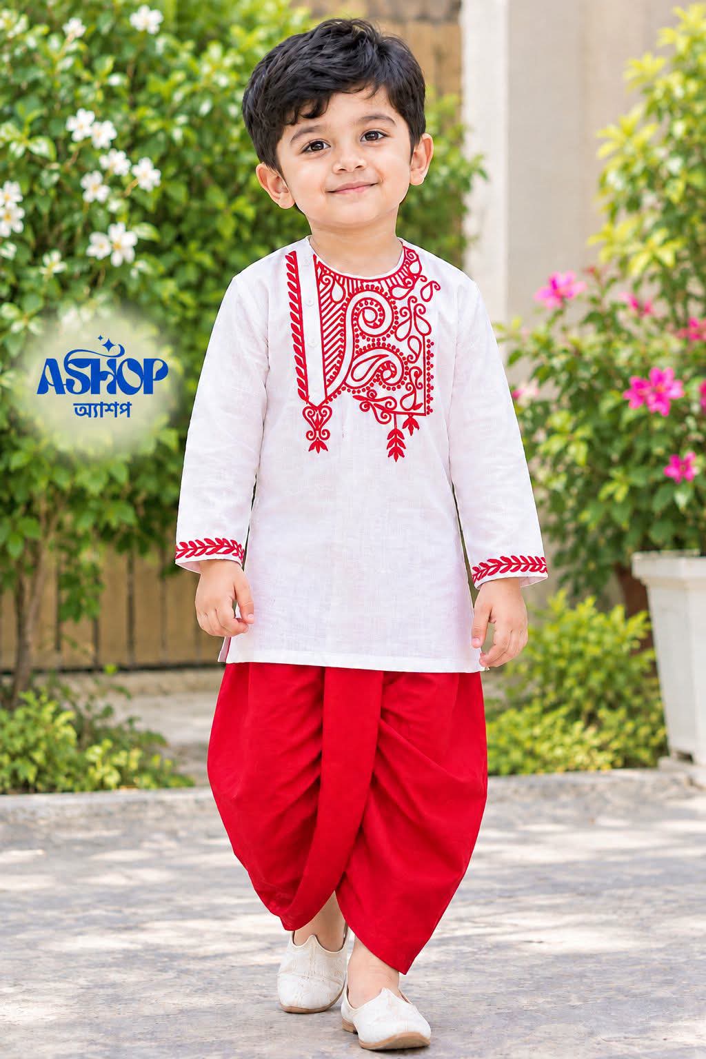 Kids White Panjabi & Red Dhoti Set – ১ ০ ০ % সুতি কাপড় ( স্ল্যাব কটন )