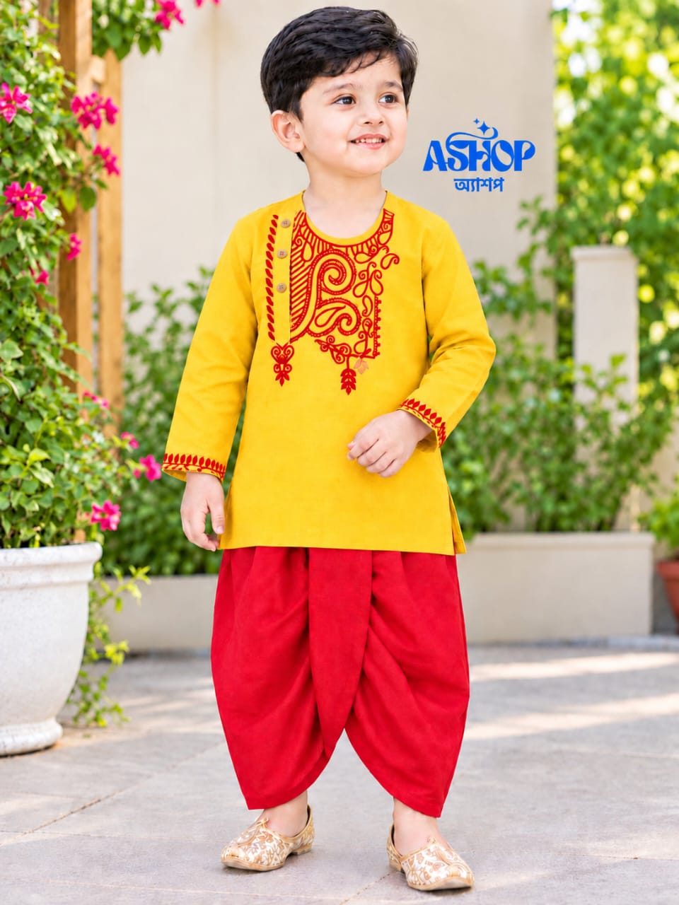 Yellow Panjabi & Red Dhoti Set – ১ ০ ০ % সুতি কাপড় ( স্ল্যাব কটন )
